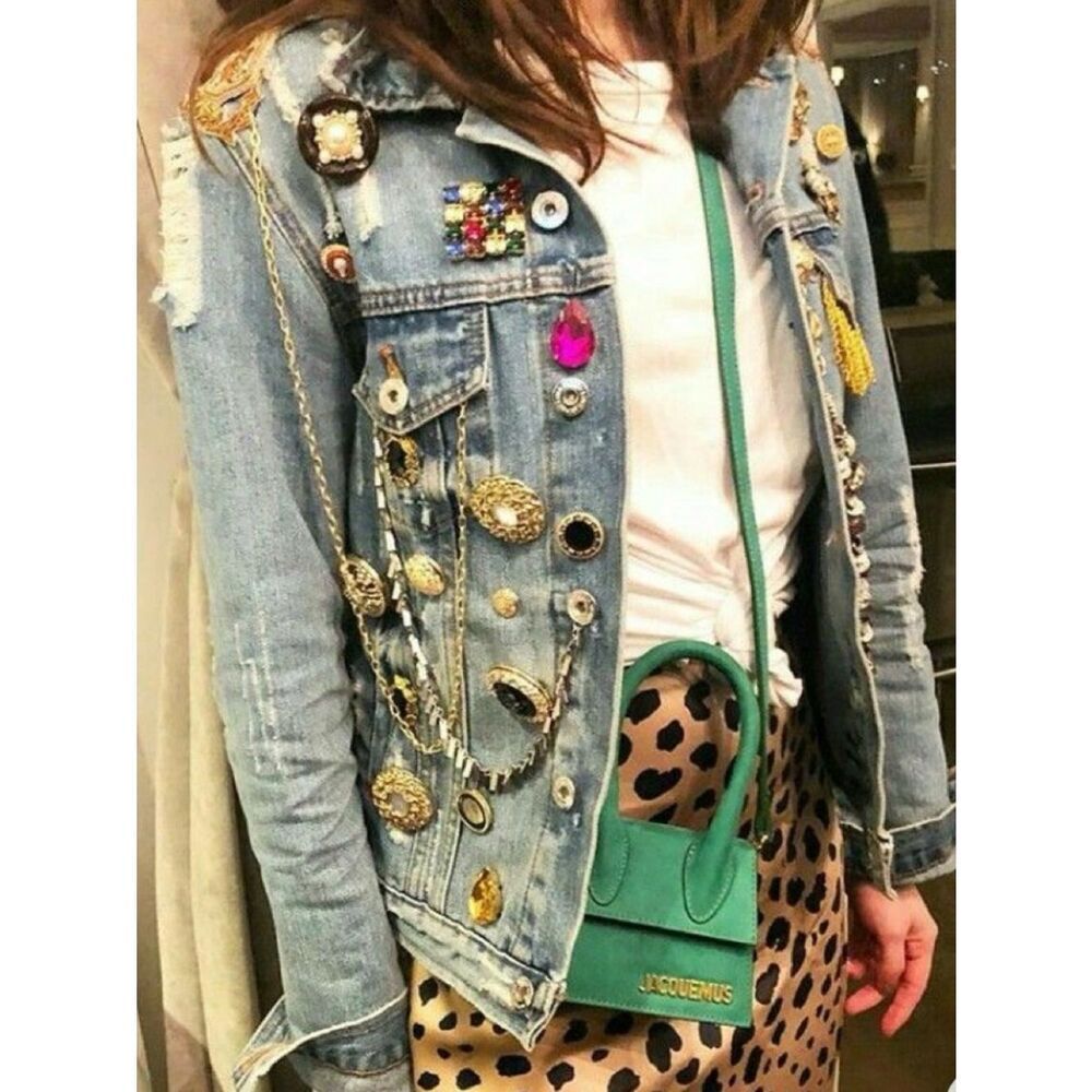 Vintage Brooch Crazy!  Embellished Denim Jackets antique brooches. Maximalist